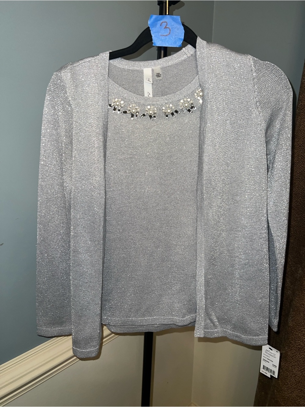 NY Collection Silver Embellished Women’s Sweater Cardigan